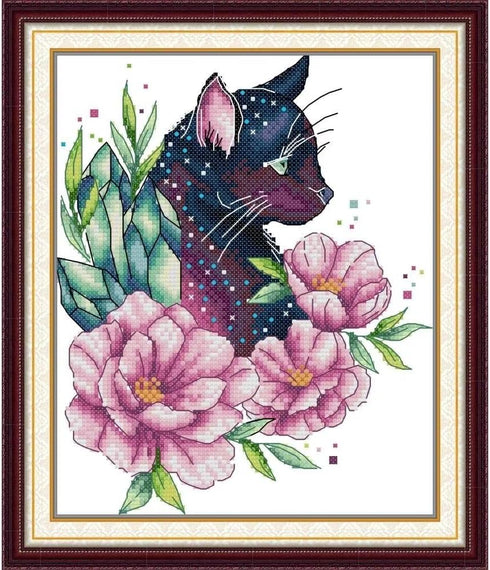 CROSSDECOR Stamped Cross Stitch Kits for Beginners- Full Set of Chocolate Cat in Flower Embroidery for Adults,11 CT 3 Strands DIY Patterns Counted...