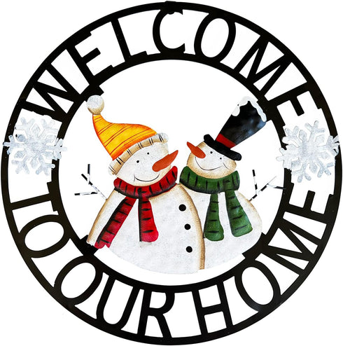 Welcome to Our Home Rustic Metal Snowmen Hanging Welcome Signs Wall Decor Front Door Wreaths Garden Fence Patio Porch Yard Winter Christmas Holida...