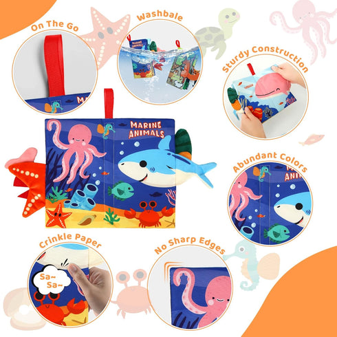2PCS Baby Books - Montessori Toys Cute Animal Theme Baby Cloth Books 6 to 12 Months, Soft Stuffed High Contrast Crinkle Infant Sensory Toys, Boys&...