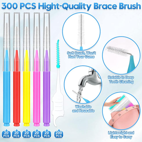300 Pcs Interdental Brushes for Braces, 6 Size Soft and Bendable Braces Brush for Cleaning, Toothpick Dental Tooth Flossing Head Oral Dental Hygie...