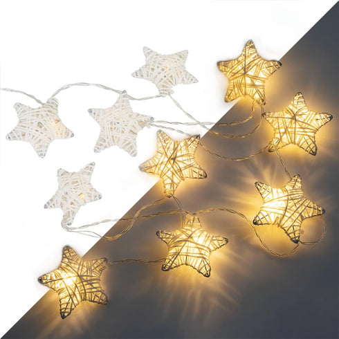 6 ft 10 LED Metal Rattan Style Star String Fairy Lights Garland, Battery Operated, Wedding Holiday Christmas Tree, Valentine Kid’s Room Bedroom De...