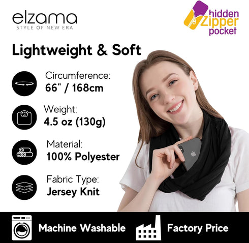 elzama Infinity Loop Solid Color Scarf With Hidden Zipper Pocket For Women - Lightweight Travel Neck Wrap...