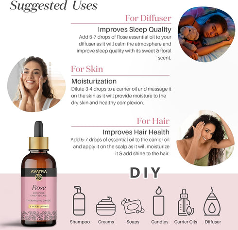 Avatra Rose Essential Oil for Diffuser, Perfume, Skin, Hair, Aromatherapy | Pure & Natural Essential Oil for Massage, Bath, Soap, Candles | Premiu...