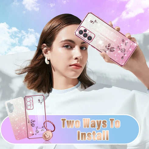 Likiyami (3in1 for Samsung Galaxy A32 5G Case for Women Girls Glitter Girly Cute Bling Flowers Phone Cases with Ring Stand Unique Design Sparkle F...
