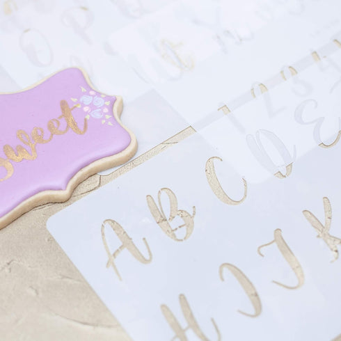 Calligraphy Cake Stencil Cursive Alphabet Letter Number Writing 1.5 Inch Set of Four Upper and Lower Case - for Cake Wood Canvas Airbrush Art and ...