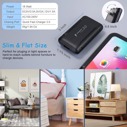 Flat USB Wall Charger, Costyle 3 Pack 18W 3A Quick Fast Charge 3.0 Adapter Slim Foldable USB Wall Plug Charging Block for Samsung Galaxy Android P...
