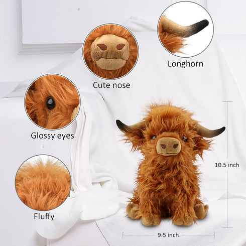10.5 inches Highland Cows Stuffed Animals, Cute Fluffy Cow Plush Figure Toys Realistic Highland Cattle Plush Decor for Kids Baby Girls Boys...