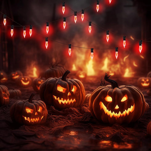 10Ft Flickering Flame Outdoor String Lights, C18 Halloween Orange Lights with 10 1W Flame Bulbs, E12 Base, Outdoor Halloween Patio Lights for Gard...