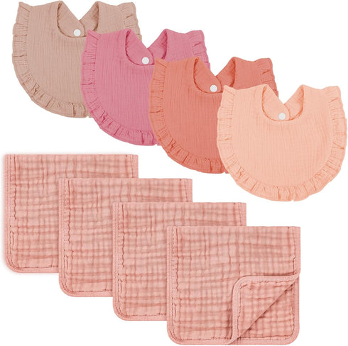 Omisy 4 Pack Burp Cloths & 4 Pack Muslin Baby Bibs Sets, for 2-36 Months Drooling Teething Girl Boy's Burp and Snap Bib...