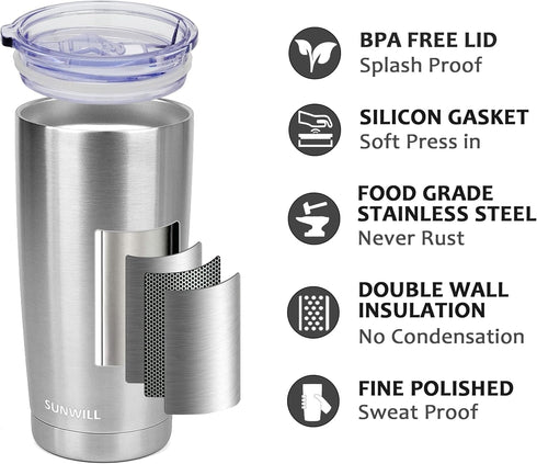 SUNWILL Travel Coffee Tumbler 20 oz, Stainless Steel Mug with Lid, Insulated Cup for Water, Tea, Hot and Cold Drinks, Silver...