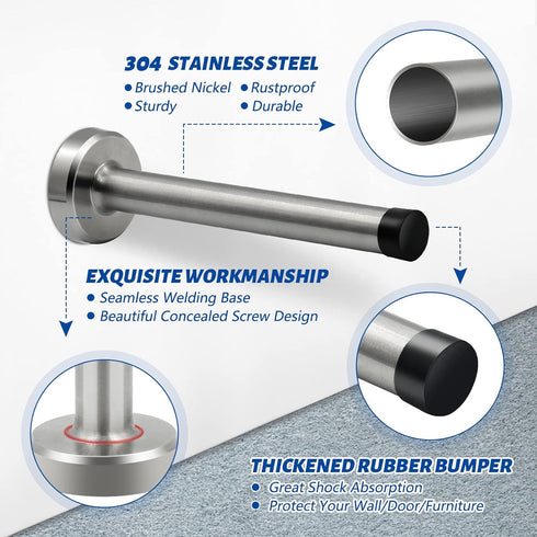 Door Stops, Long Door Stopper, 6 Inch Door Stop Stainless Steel Brushed Nickel Doorstops Wall Mounted with Rubber Bumper Metal Door Stopper Extend...