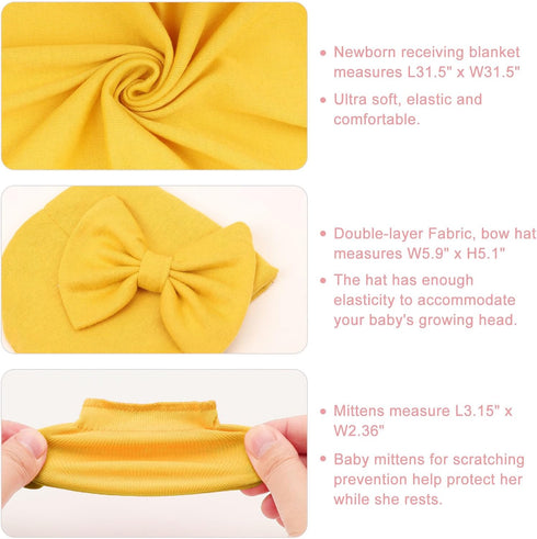 Baby Girl Newborn Receiving Blanket with Matching Bow Hat and Mittens Set Baby Swaddle Blanket Shower Swaddle Gift...