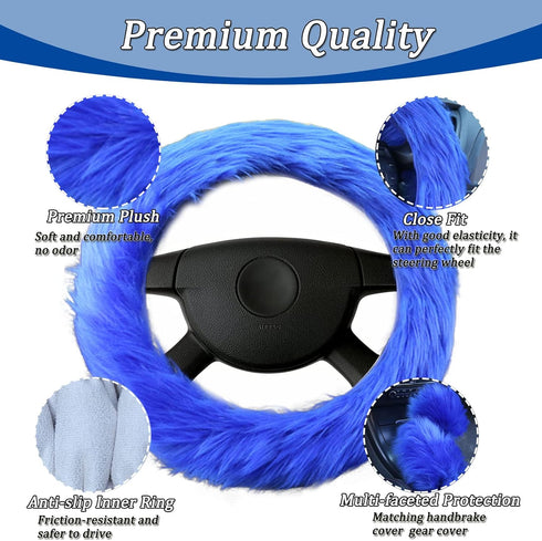 4Pcs/Set Faux Wool Fluffy Steering Wheel Covers Long Fur Gear Shift Cover,Handbrake Cover,Fluffy Armrest Cover Fuzzy Furry Car Accessories Long Ha...