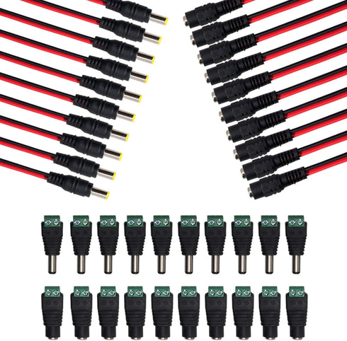 MILAPEAK (Real 18AWG 43x2pcs Strands) 10 Pairs DC Power Pigtail Cable 12V 5A Male & Female + 10 Pairs DC Power Jack Plug Adapter Barrel Connector ...