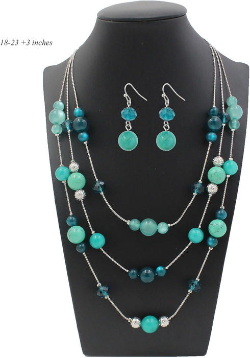 3 Layered Handmade Beads Necklaces 18-23” Dainty Chain Illusion Statement Necklaces Set Multi Color Boho Choker Necklace and Earrings Set Gifts fo...