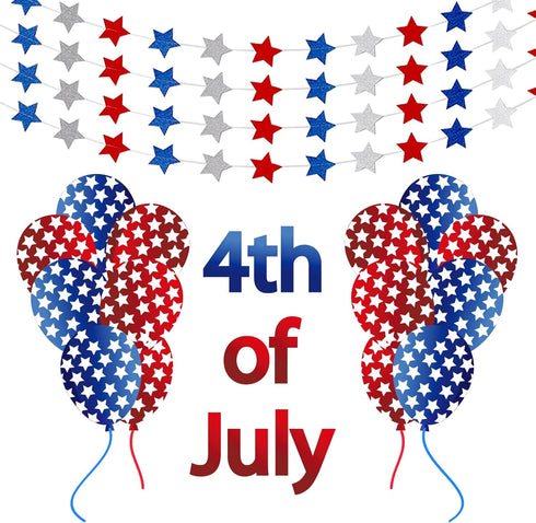Frienda 44.3 ft Red Blue White Star Streamers Patriotic 4th of July Decorations Star Garland Glitter Banner Hanging Decorations, 3 Pack...