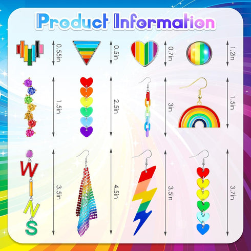 12 Pairs Rainbow Earrings Gay Pride Earrings LGBTQ Mesh Drop Clip on Earrings Lightweight Chain Rainbow Earrings Dangle Earrings Round Heart Light...