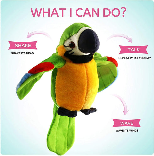 9'' Cute Talking Parrot Repeats What You Say Electronic Interactive Plush Toy Stuffed Animal Record Parrot Waving Wings Funny Bird Toys for Childr...