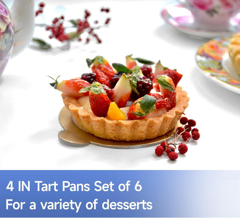 6 Pack Mini Fluted Tart Pans 4 Inch with Removable Bottom, Nonstick Quiche Pan with Silicone Basting Pastry Brushfor Baking Treats, Pie, Quiches, ...