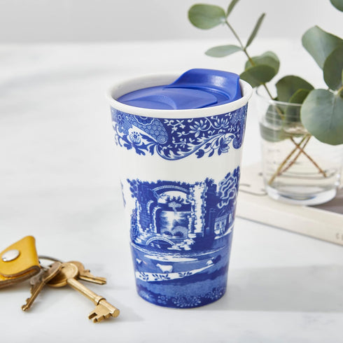 Spode Blue Italian 8oz Porcelain Travel Mug with Lid – Scenic Patterned Drinkware with Decorative Border - Portable Ceramic Coffee Cup for Brunch,...