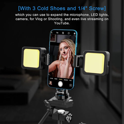 Aluminum Phone Tripod Mount, Phone Tripod Mount with 3 Cold Shoes and 1/4 Arca Port Locking Knob, 360° Smartphone Tripod Adapter360° Smartphone Tr...