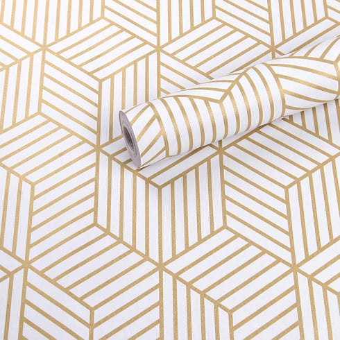 White and Gold Geometry Stripped Hexagon Peel and Stick Contact Paper self Adhesive Wallpaper Removable Vinyl Film Decorative Shelf Drawer Liner S...