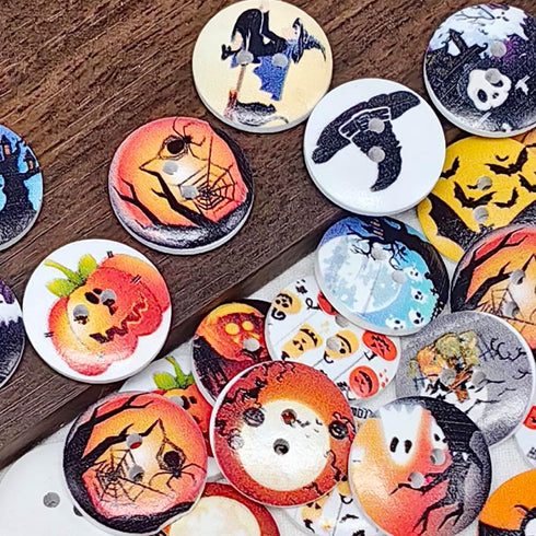 Chenkou Craft 100pcs Mix Halloween Wood Buttons Wizard Pumpkin Lantern Ghost Spider Skull Castle Sewing Craft 2 Holes (3/4"(20mm), Multi-color)...