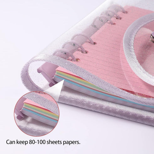 2 Pieces Clear PVC A6 Refillable Binder Covers, Shiny 6-Ring Personal Notebook Shell, Round Ring Binder Pocket with Snap Button Lock for Filler Or...