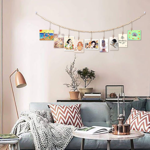Wall Hanging Photo Display with Wooden Beads Garland, Collage Picture Frame for Boho Wall Decoration, Photo Holders with 9 Wood Clips, for Rustic ...