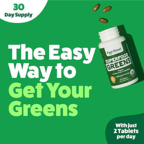 Feel Great Vitamins Super Greens Tablets | Organic Greens, Fruits and Veggies Supplement | Fruit and Veggie Supplement with Kale, Spinach Extract,...