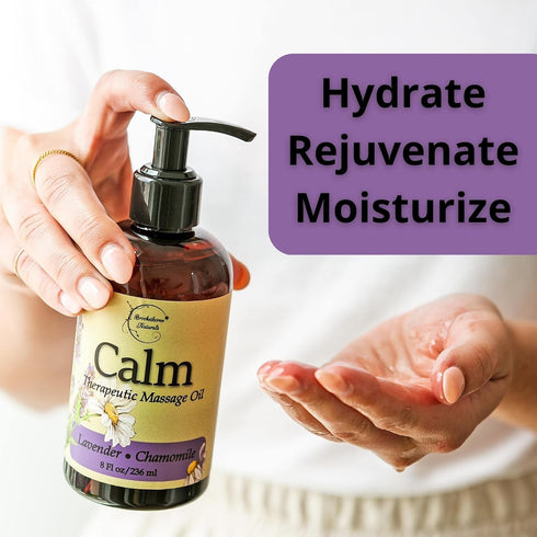 Calm Massage Oil with Lavender & Chamomile Essential Oils to Relax Sore Muscles - for Massage Therapy & Home use – with Coconut, Grapeseed & Jojob...