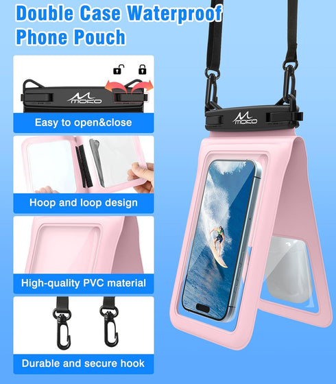 MoKo Double Case Waterproof Phone Pouch, 2Pack Waterproof Phone Case Dry Bag with Adjustable Lanyard Compatible with iPhone 15 14 Pro Max Galaxy S...