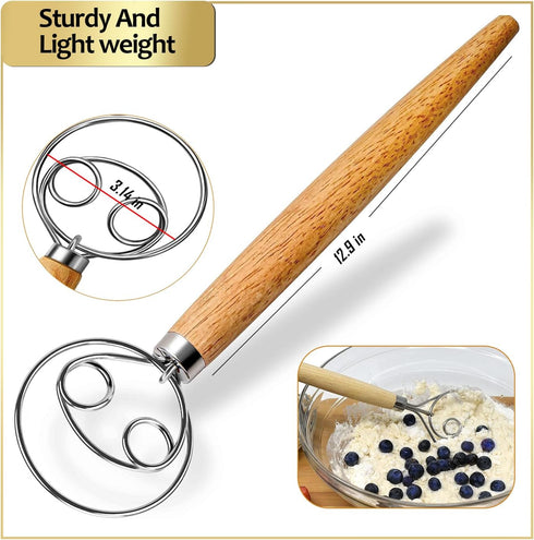 Sourdough Bread Baking Supplies: Danish Dough Whisk - Dutch Style Whisk for Perfect Dough - Essential Kitchen Tool, Light Brown...