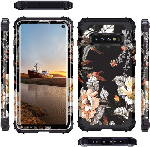 Casetego Compatible with Galaxy S10 Case,Floral Three Layer Heavy Duty Hybrid Sturdy Shockproof Full Body Protective Cover Case for Samsung Galaxy...