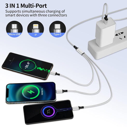 Multi Charging Cable, Multi 3 in 1 iPhone Charging Cable, Lightning/Type-C/Micro USB Universal Port Adapter,1.8M/6FT Long Nylon Braided Phone Char...