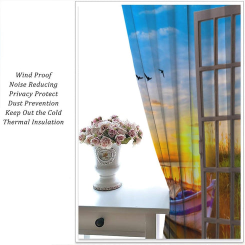 Lakeside Landscape Curtains, Rustic Style Bridge Boat Lake Nature 3D Landscape Scenery Prints Window Treatments Drapes for Bedroom Living Room 2-P...