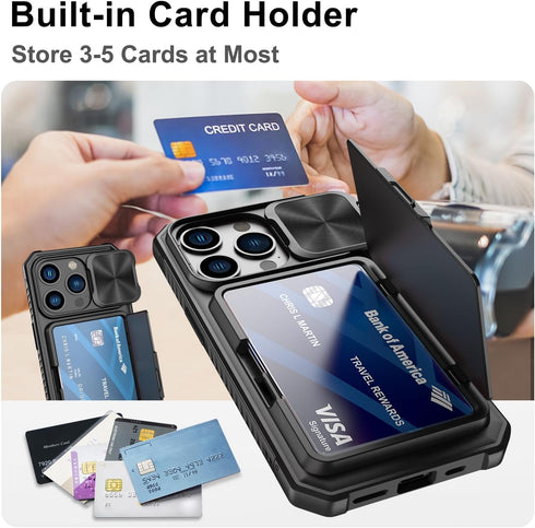 for iPhone 15 Pro Case Wallet with Card Holder (4-5 Cards) & Slide Camera Cover & Kickstand, Military Grade Drop Protection Rugged Shockproof Prot...