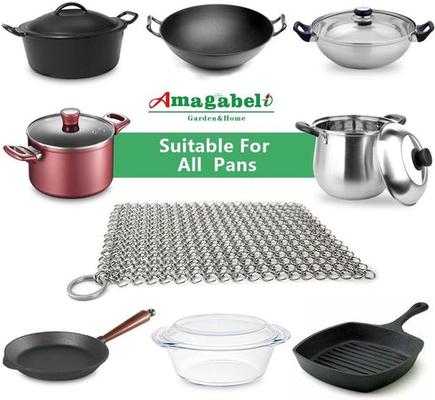 AMAGABELI GARDEN & HOME 8” x 8” 316 Stainless Steel Cast Iron Cleaner Chainmail Scrubber for Cast Iron Pan Skillet Cleaner for Dishes Glass Pre-Se...