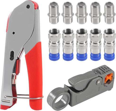 Coax Cable Crimper Tool Kit Coaxial Compression Tool Fitting Wire Stripper with 5PCS RG6 F Type Connector + 5PCS RG6 Coax Cable Extender...