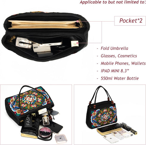 Jursccu Double-Sided Embroidery Totes Bag Travel Beach Bag Vintage Embroidery Ethnic Shoulder Bags...