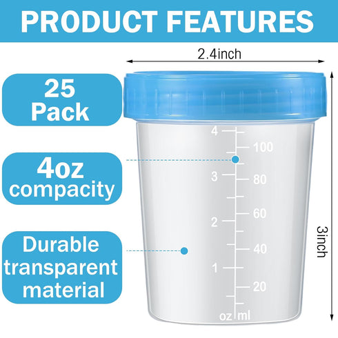 25 Pcs Disposable Specimen Cup Urine Cups 4oz Specimen Container with Leak Proof Screw on Single Use Stool Sample Collection Kit for Safe Urine Pe...