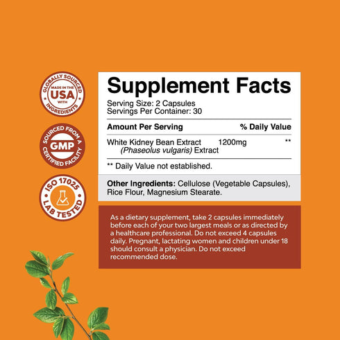 Natural White Kidney Bean Extract - White Kidney Bean Energy Booster AMPK Activator and Antioxidant Capsules - Digestive Health Dietary Fiber Supp...