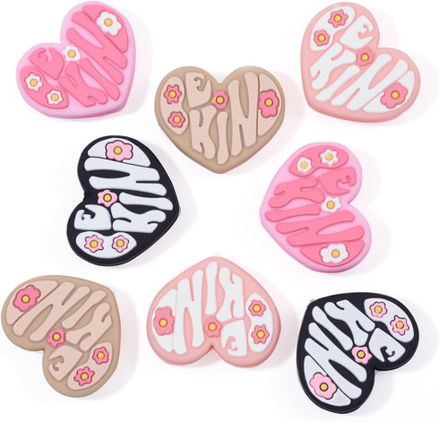 Beadthoven 8pcs Heart Silicone Focal Beads for Pens 4 Colors Heart Shaped Rubber Beads Flower Printed Loose Beads Spacers for Jewelry Making Keych...