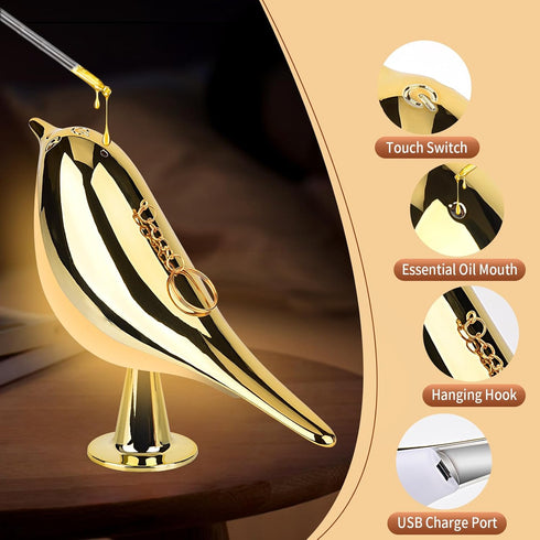 Small Bird Touch Lamp, Dimmable and Cordless Bird Night Light, USB Rechargeable Touch Sensor Control Table and Desk Lamp with Aroma Diffuser Funct...