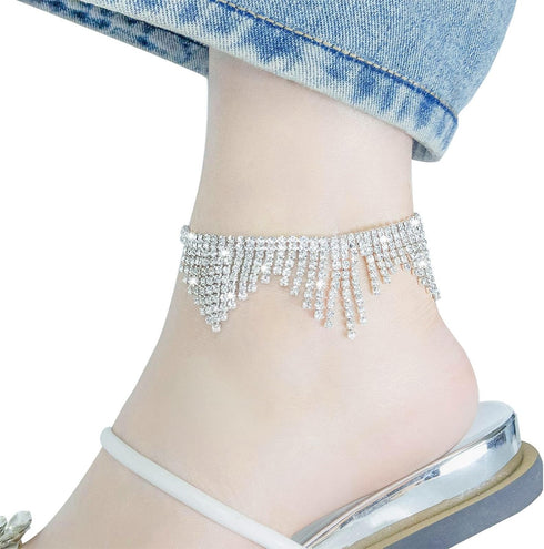Rhinestone Anklet for Women Silver Adjustable Tassel Anklet Fashion Beachy Foot Chain...