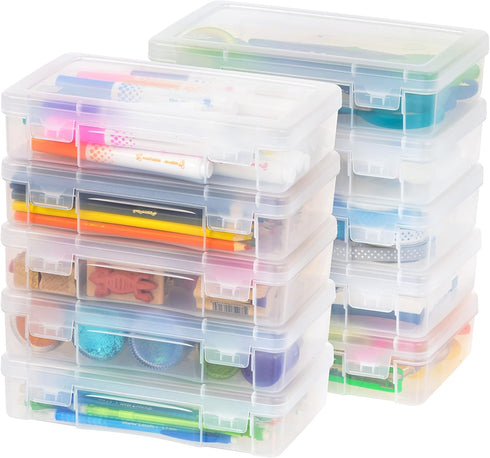 IRIS USA Pencil Case Plastic Pouch Box Storage Organizer for Beads, Pens, and Art Supplies, 10-Pack, Stackable Container with Snap Lid for Jewelry...