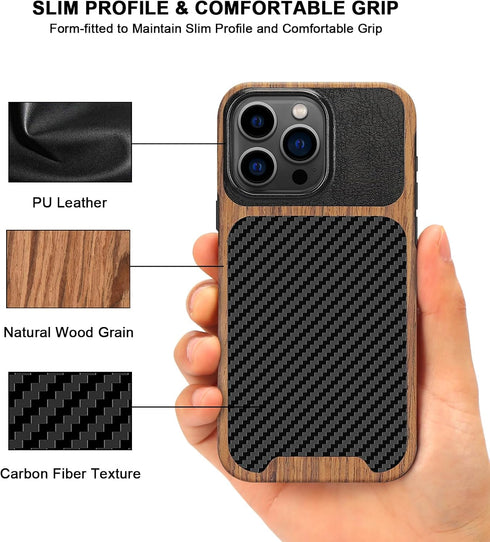 TENDLIN Compatible with iPhone 15 Pro Max Case Wood Grain with Carbon Fiber Texture Design Leather Hybrid Slim Case (Black)......