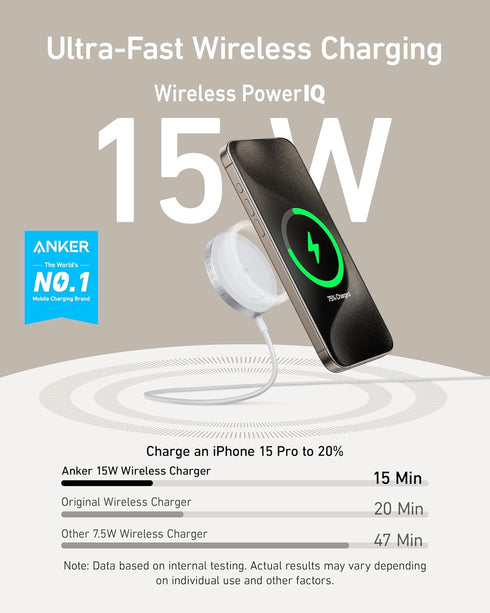 Anker MagSafe Charger Compatible, MagGo Magnetic Wireless Charger (Pad), Qi2 Certified 15W Wireless Charger, for iPhone 15/15 Plus/15 Pro/15 Pro M...