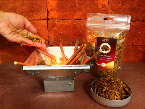 Yogic Mantra Havan Samagri for Burning (100g Fragrant Dried Herbs with Turmeric) Hawan Kund Home Puja, Yagya, and Holy Hindu Pooja Religious Cerem...