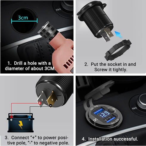 12V USB Outlet 2 Pack, Dual Quick Charge 3.0, Socket Waterproof Aluminum Charger with LED Voltmeter and Power Switch, Adapter for Marine Motorcycl...
